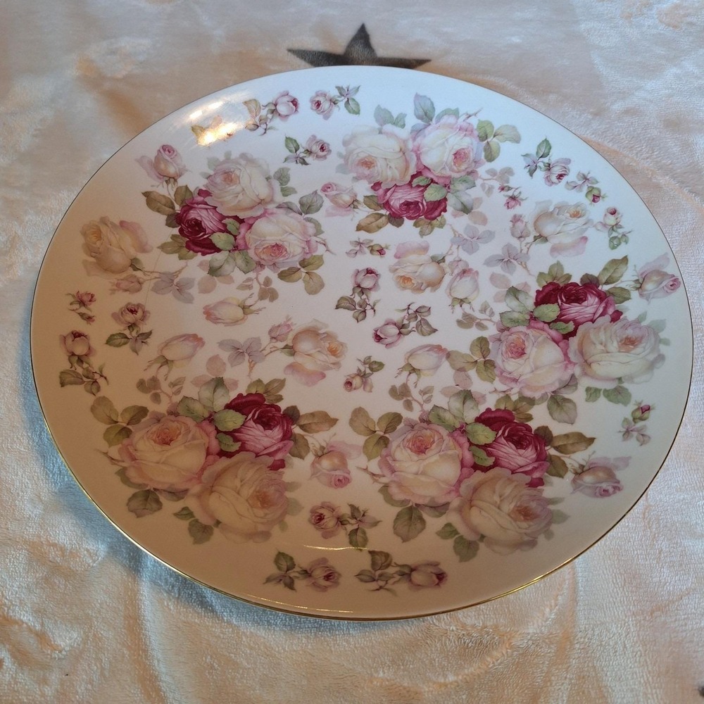 Vintage Bavaria Schumann Arzberg Germany Wild Rose Gold Trim 12' Chop Plate